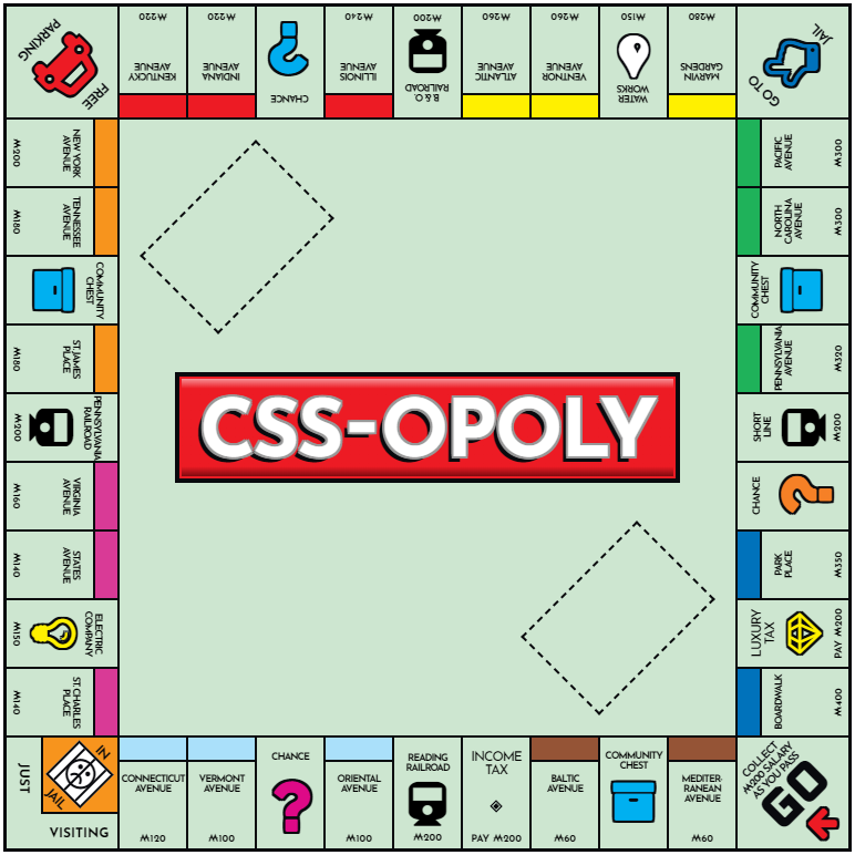 CSS-opoly (Monopoly clone) game board, birds-eye view