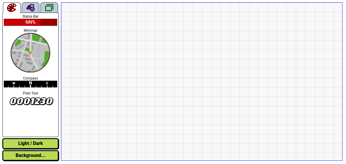 Preview screenshot of a web tool with a list of game UI elements on the left and a canvas on the right